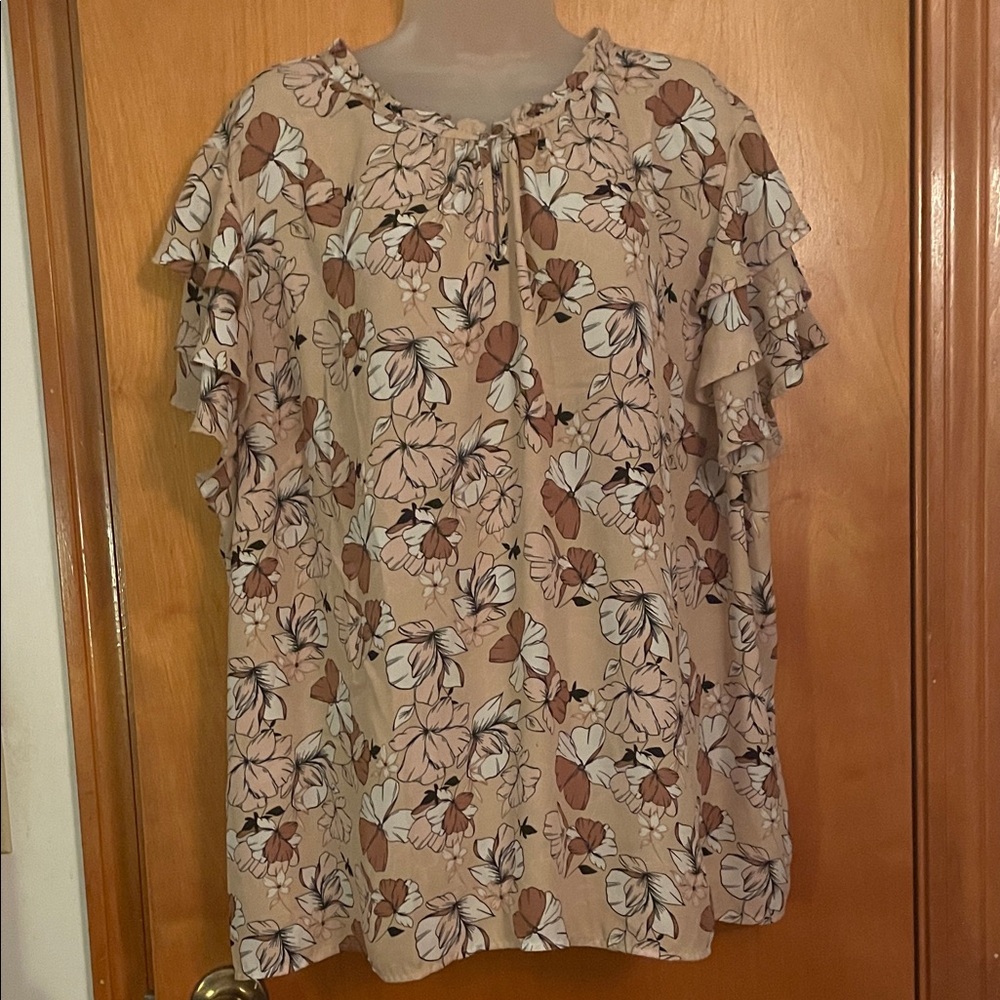 Liz Claiborne Floral Ruffle Blouse - Tan and Brown